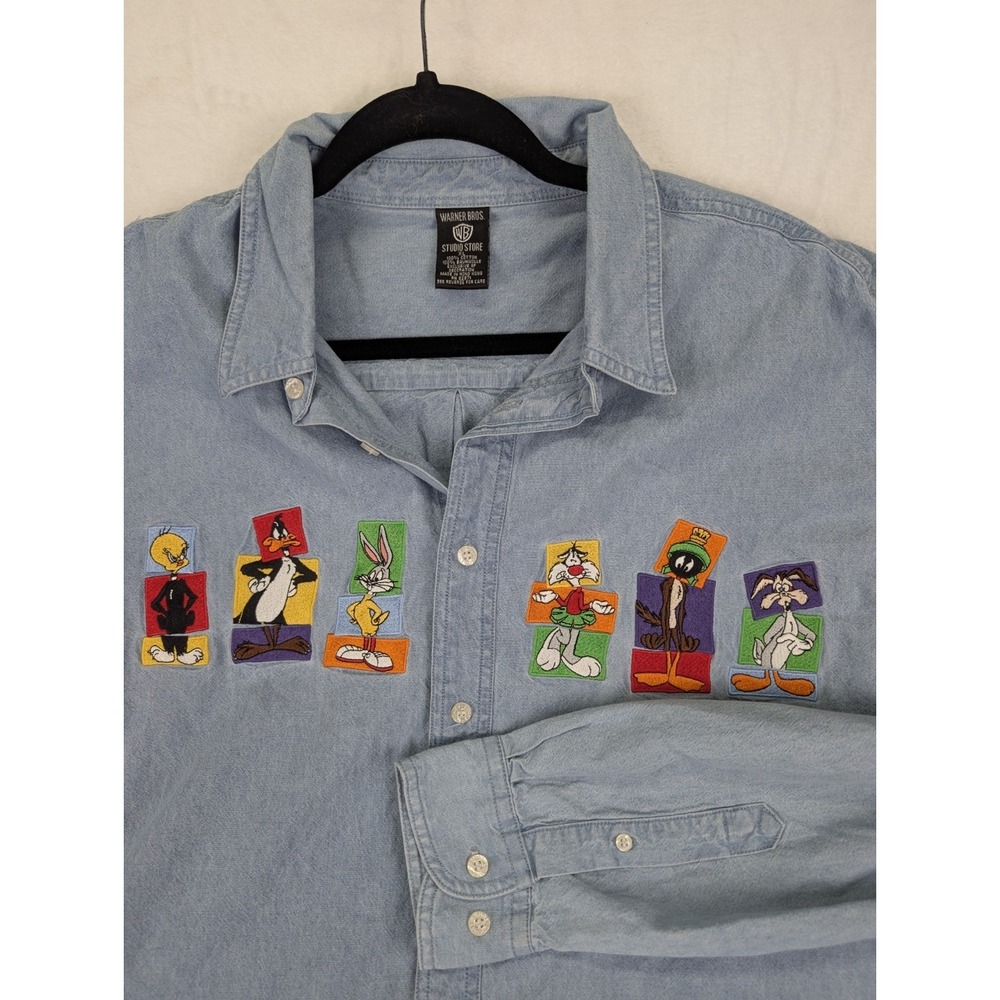 Vintage Looney Tunes Denim Shirt XL Bugs Bunny Embroidered 90s Daffy Sylvester